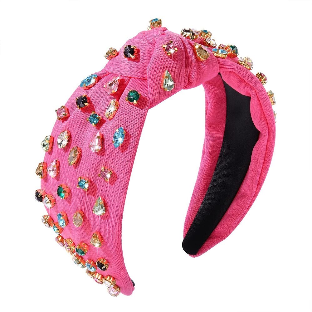 4291 Hot Pink Knotted Headbands, Crystal Beaded Jeweled Top Knots , Summer